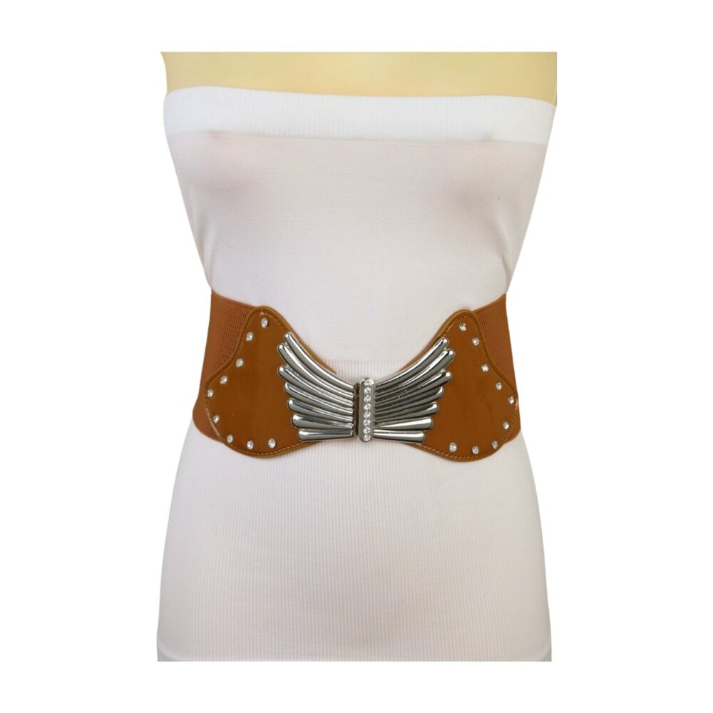 New Women Brown Faux Leather Wide Elastic Belt Angel Wings Silver Buckle S M